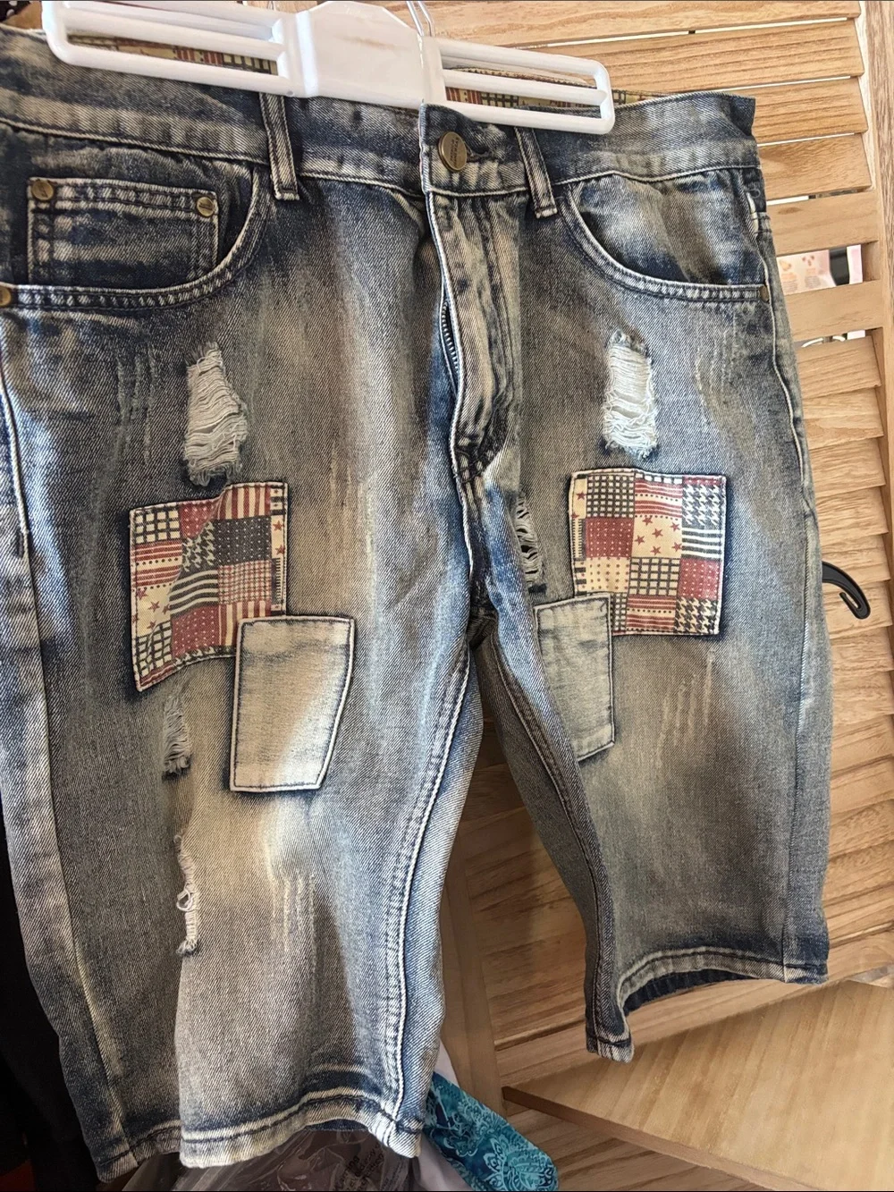 Men's Distressed Blue Denim Shorts with Patchwork 34